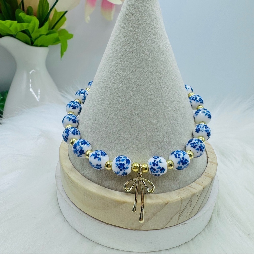 Chinese-Style Ceramic Floral Beaded Stretch Bracelet w/ Bow Charm
